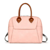 Borsa a mano donna in pelle rosa, design elegante con manici marroni, ideale per moda femminile e accessori di lusso.