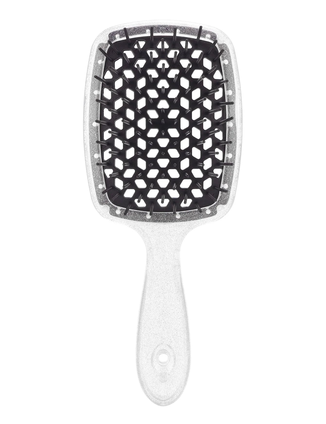 Spazzola per capelli quadrata con setole nere e manico bianco, design a nido d'ape, ideale per districare e lisciare. Accessorio per cura capelli.