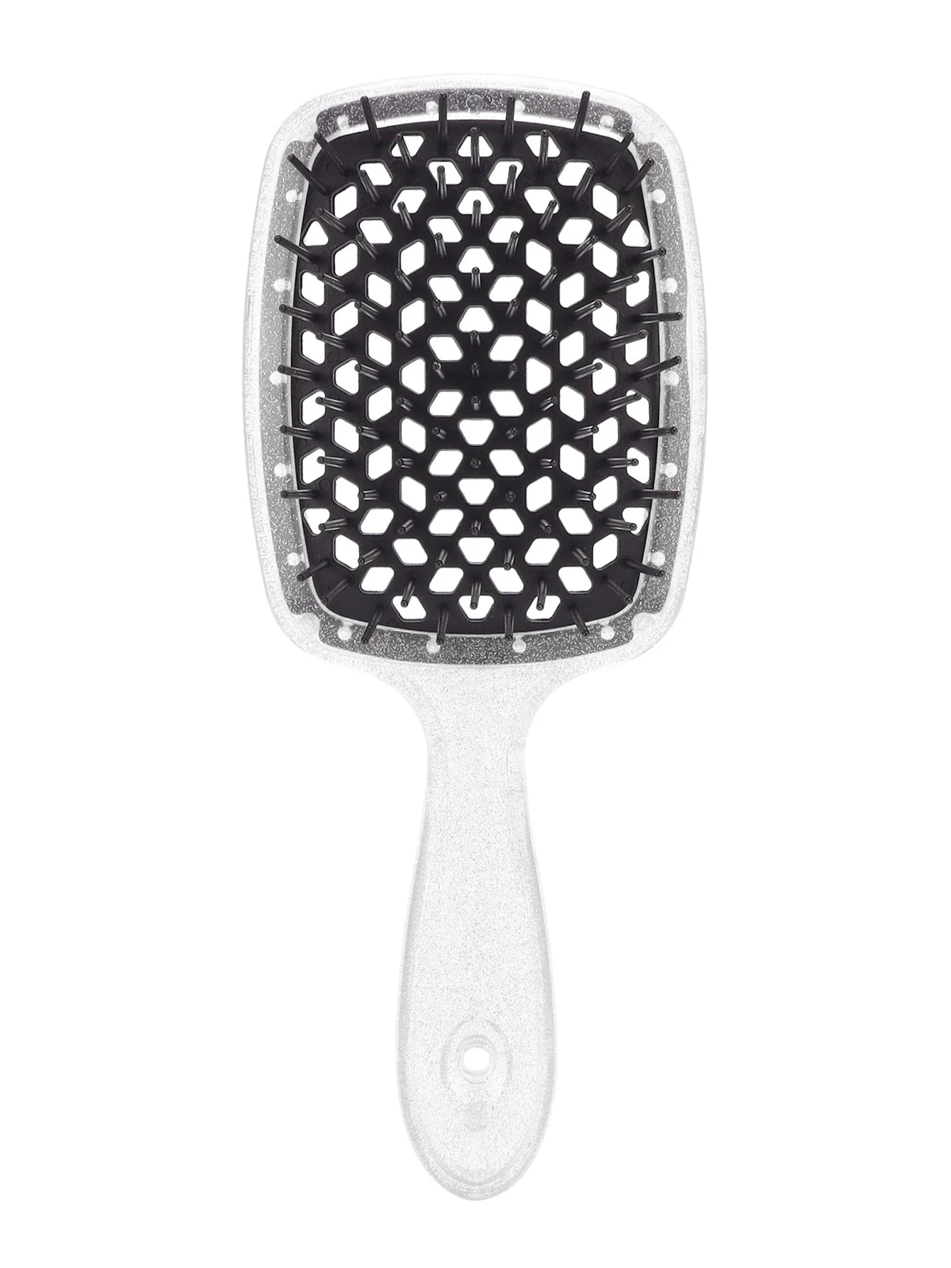 Spazzola per capelli quadrata con setole nere e manico bianco, design a nido d'ape, ideale per districare e lisciare. Accessorio per cura capelli.