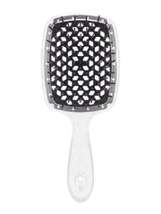 Spazzola per capelli quadrata con setole nere e manico bianco, design a nido d'ape, ideale per districare e lisciare. Accessorio per cura capelli.