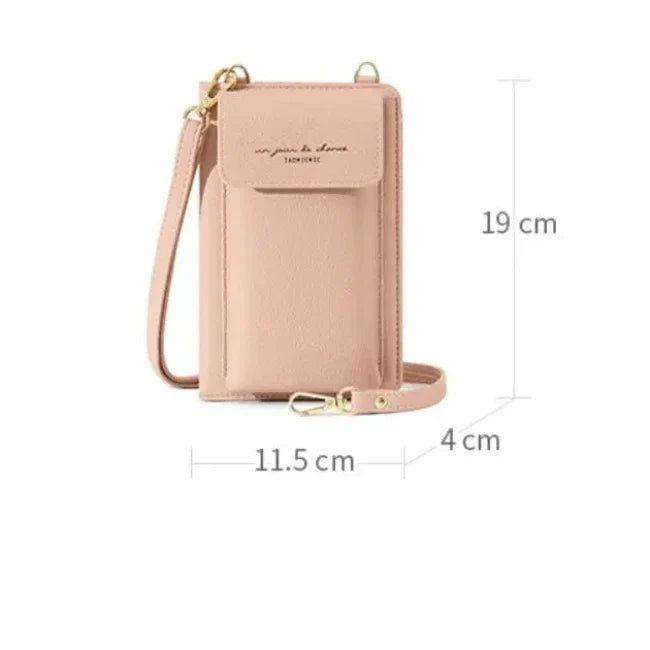 Custodia smartphone rosa con tracolla, tasca frontale, dimensioni 19x11.5x4 cm. Design elegante, ideale per moda e praticità.
