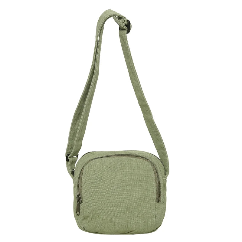 Borsa a tracolla verde oliva in tela, design compatto con cerniera, ideale per uomo e donna, perfetta per uso quotidiano e viaggi.