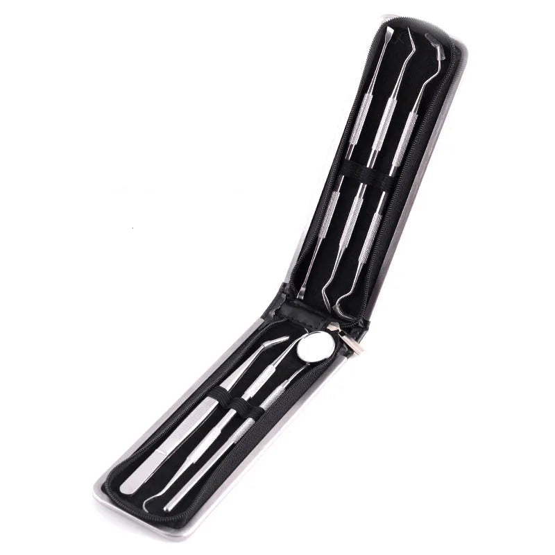 Set di strumenti dentali in acciaio inox con custodia nera, include specchietto e sonde. Ideale per igiene orale professionale e domestica.