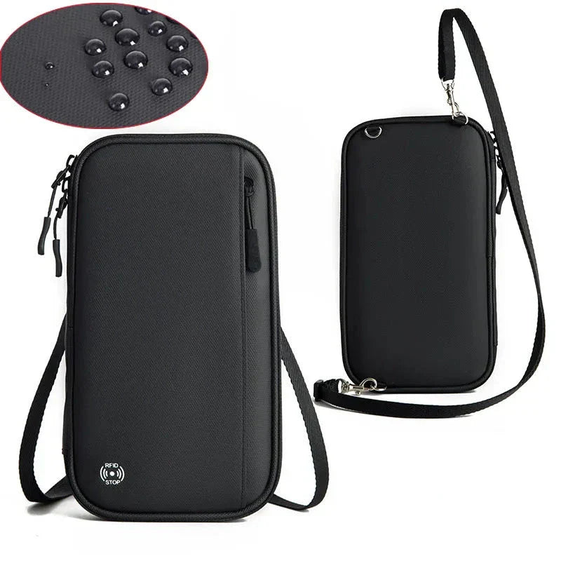 Borsa a tracolla nera impermeabile per smartphone, con chiusura a zip e tracolla regolabile. Design elegante e resistente all'acqua.