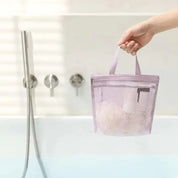 Borsa da doccia in rete viola trasparente, impermeabile, con manico, contenente accessori da bagno. Ideale per viaggi e organizzazione bagno.