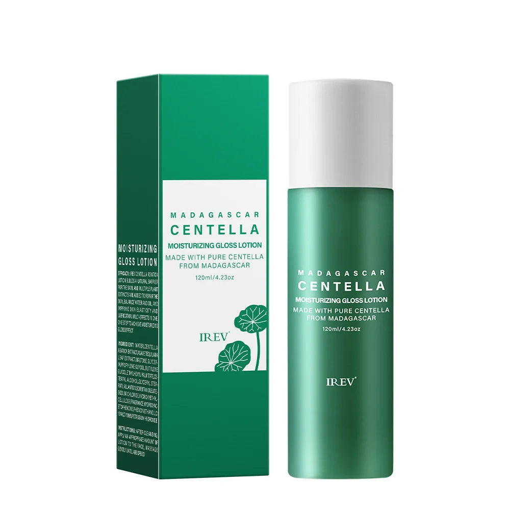 Lozione idratante IREV Madagascar Centella, 120ml, con estratto di centella asiatica, confezione verde. Cura della pelle, idratazione profonda.