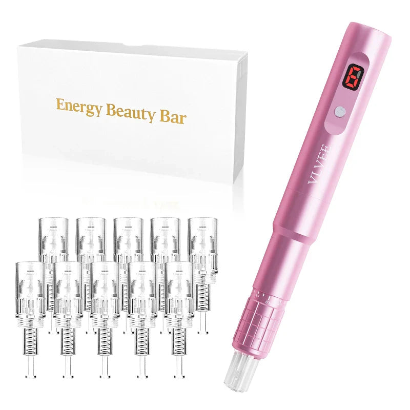 Dispositivo per microneedling rosa con display digitale, 12 cartucce di ricambio, confezione "Energy Beauty Bar". Strumento bellezza viso professionale.
