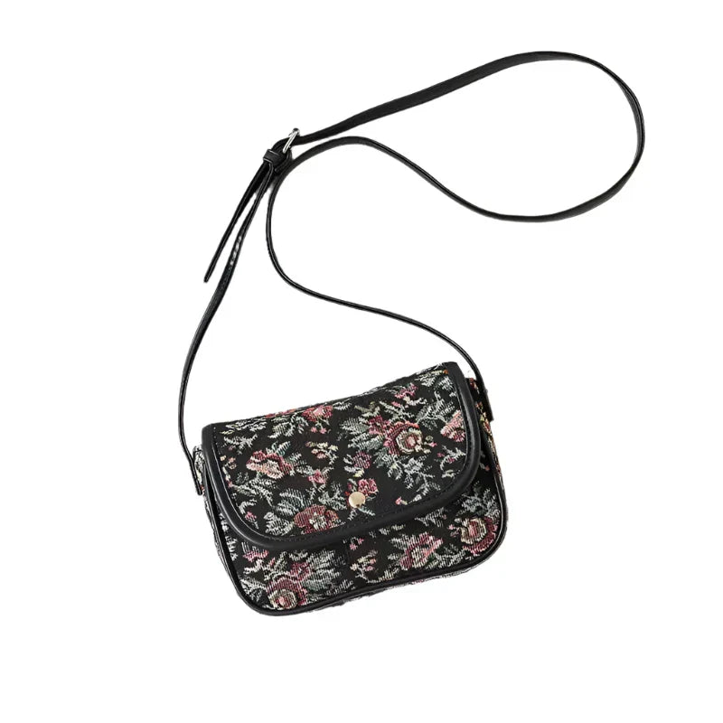 Borsa a tracolla floreale nera, ricamata, elegante e alla moda, perfetta per donna. Accessorio versatile per ogni occasione.