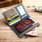 Portafoglio in pelle aperto con passaporto, carte di credito e contanti su tavolo di legno. Accessorio viaggio elegante e funzionale.
