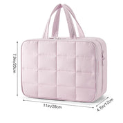 Borsa organizer da viaggio rosa, trapuntata, con manici, dimensioni 28x20x12 cm. Ideale per cosmetici e accessori.