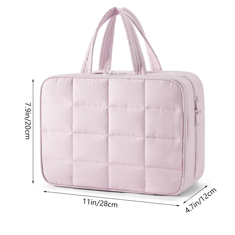 Borsa organizer da viaggio rosa, trapuntata, con manici, dimensioni 28x20x12 cm. Ideale per cosmetici e accessori.