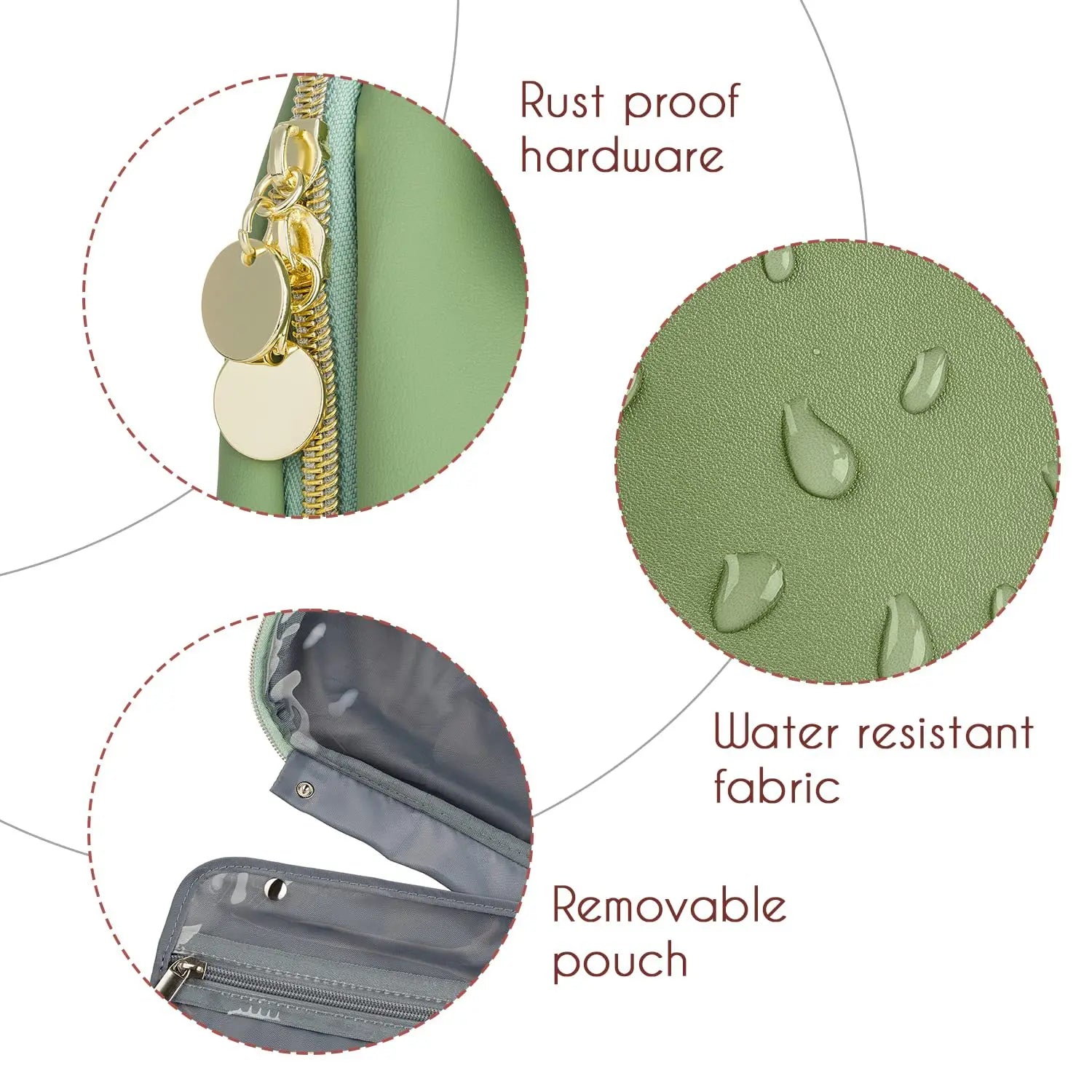 Borsa verde con tessuto resistente all'acqua, hardware antiruggine e tasca rimovibile. Accessorio moda pratico e durevole.