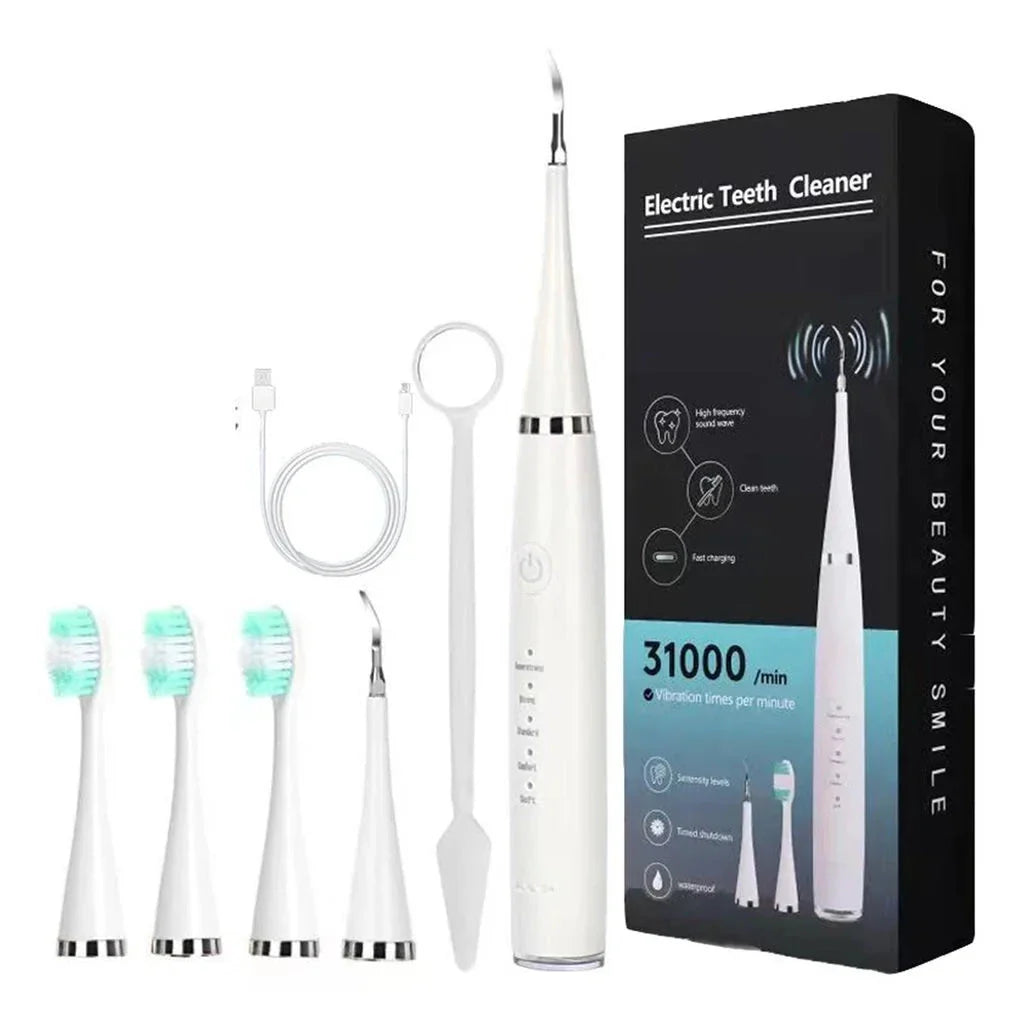 Spazzolino elettrico bianco con testine di ricambio, pulitore dentale, cavo USB, confezione nera. Pulizia dentale ad alta frequenza.