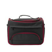 Borsa da viaggio nera con dettagli rossi, manico superiore e tasche con cerniera. Ideale per viaggi, sport e uso quotidiano.