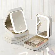 Specchio portatile con luci LED, contenitore per gioielli, design compatto, ideale per trucco e viaggio, colore bianco elegante, organizer multifunzione.