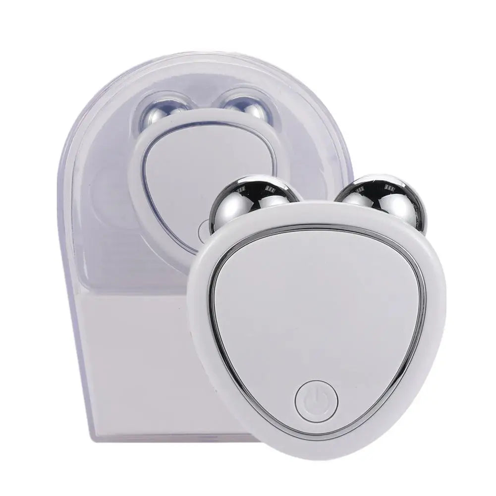 Dispositivo massaggio viso microcorrente portatile, bianco, con due sfere metalliche, per tonificazione e lifting pelle, confezione inclusa.
