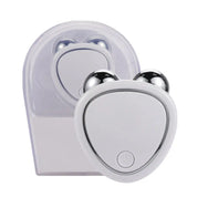 Dispositivo massaggio viso microcorrente portatile, bianco, con due sfere metalliche, per tonificazione e lifting pelle, confezione inclusa.