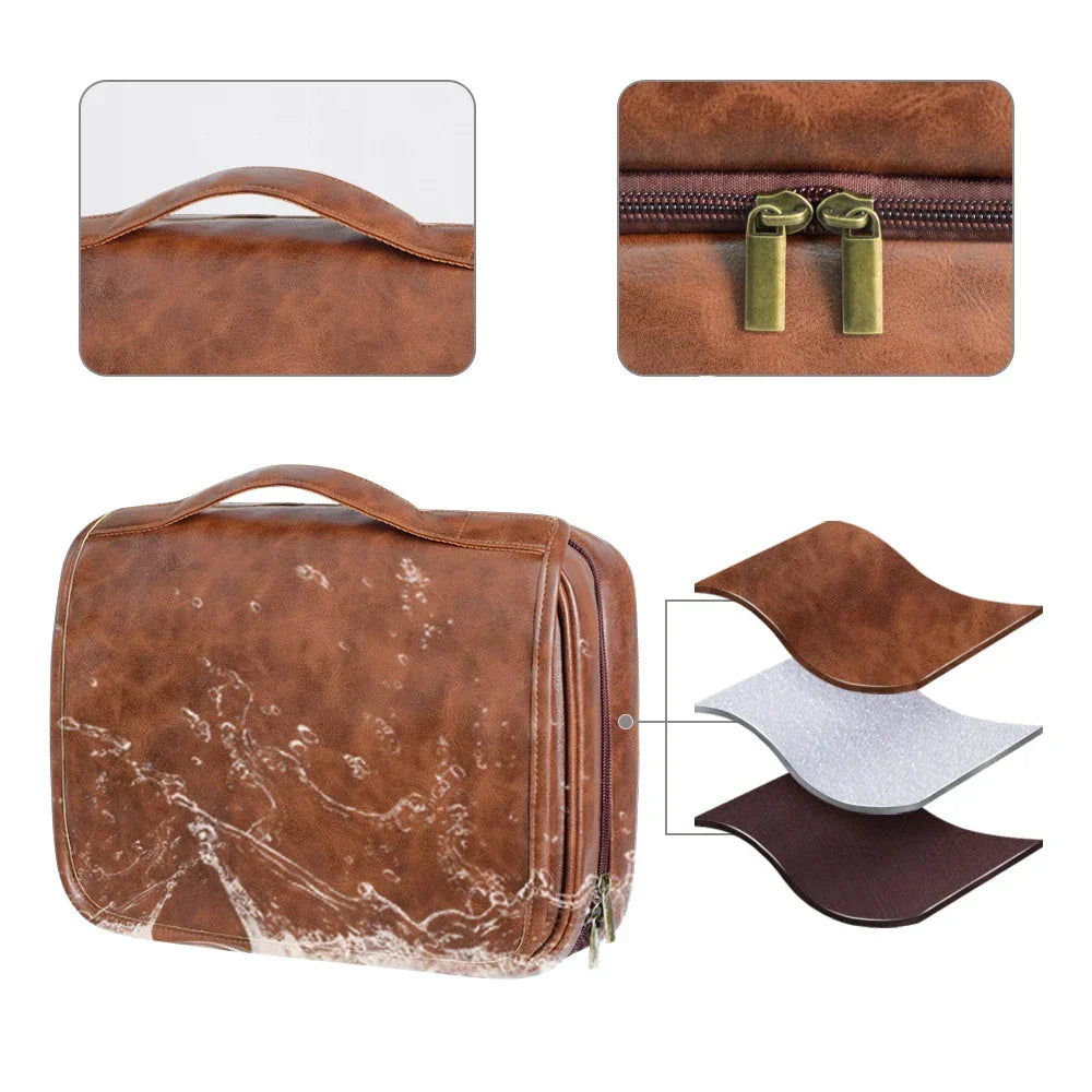 Borsa da viaggio in pelle marrone impermeabile con cerniera doppia, manico robusto e design a strati. Ideale per organizzare accessori da bagno.