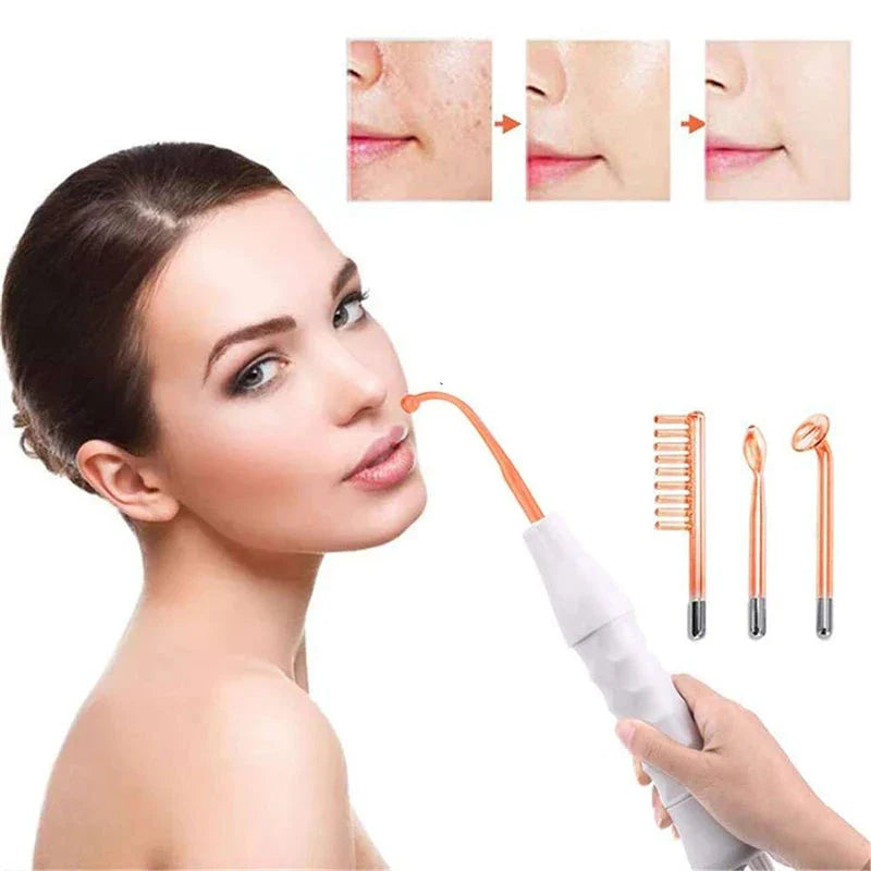 Dispositivo per terapia viso ad alta frequenza, trattamento acne, rughe, cura della pelle, con accessori, donna in uso, risultati visibili.