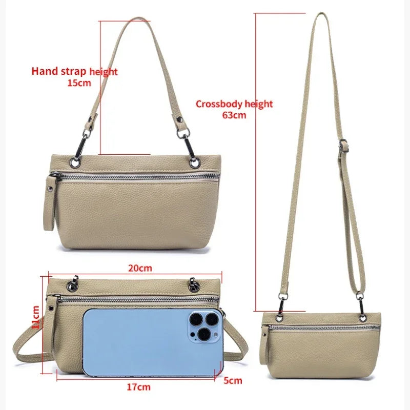 Borsa a tracolla beige in pelle sintetica con cerniera, dimensioni 20x5x17 cm, tracolla regolabile 63 cm, compatibile con smartphone.