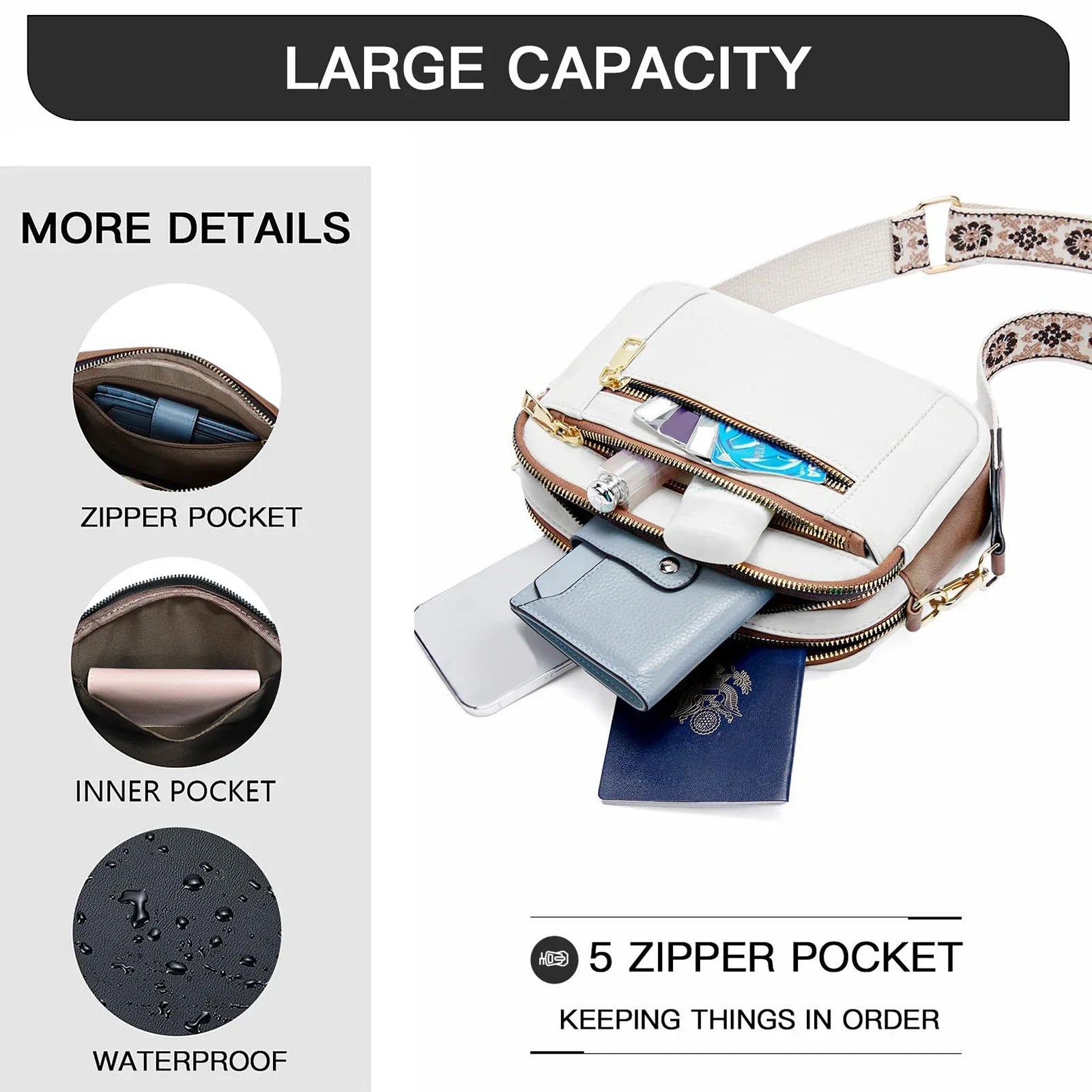 Borsa a tracolla bianca con grande capacità, tasche con zip, impermeabile, ideale per viaggi. Include portafoglio e passaporto. Design elegante e funzionale.