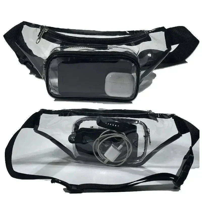 Marsupio trasparente in PVC con cerniera, ideale per viaggi e concerti. Design impermeabile, compatibile con smartphone e accessori.