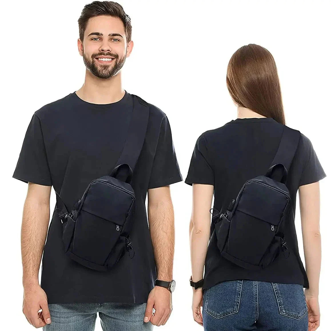 Zaino a tracolla nero unisex, compatto e moderno, indossato da uomo e donna. Ideale per viaggi, escursioni, uso quotidiano. Tasche multiple.