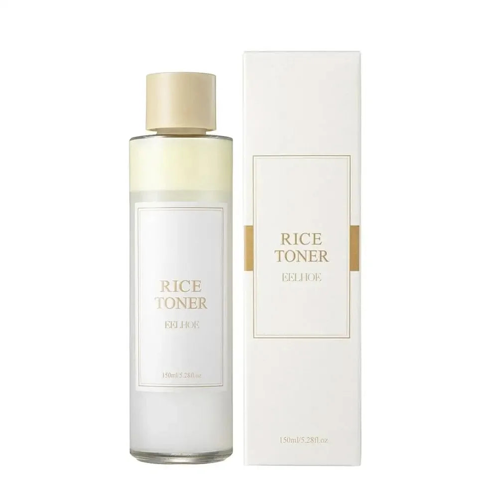 Toner viso al riso 150ml, confezione elegante, idratante e illuminante, skincare coreana, adatto a tutti i tipi di pelle, confezione e bottiglia bianche.