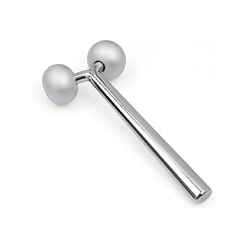 Rullo massaggiante viso in acciaio inox, doppia sfera, strumento bellezza per lifting e tonificazione pelle, design ergonomico, argento.