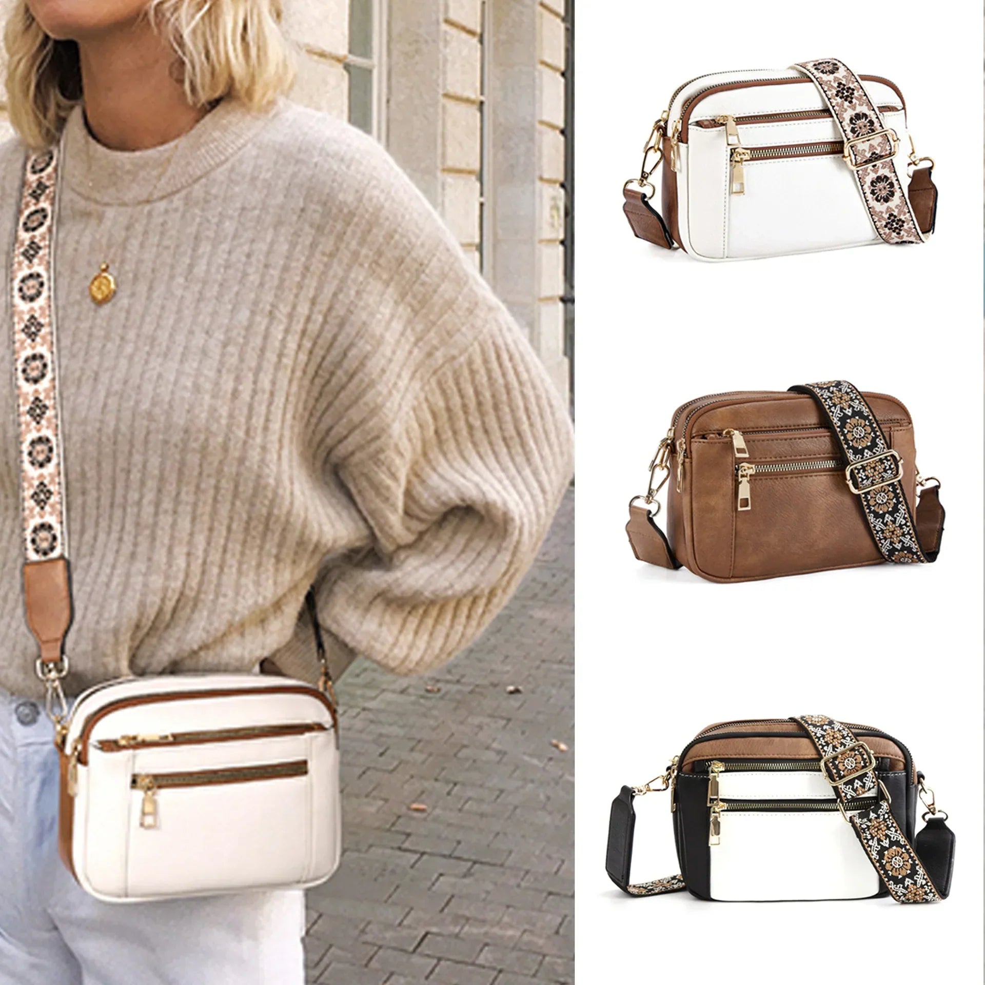 Borsa a tracolla donna in pelle bianca, marrone e nera con cinghia regolabile decorata, tasche con zip, moda autunno, accessorio elegante.