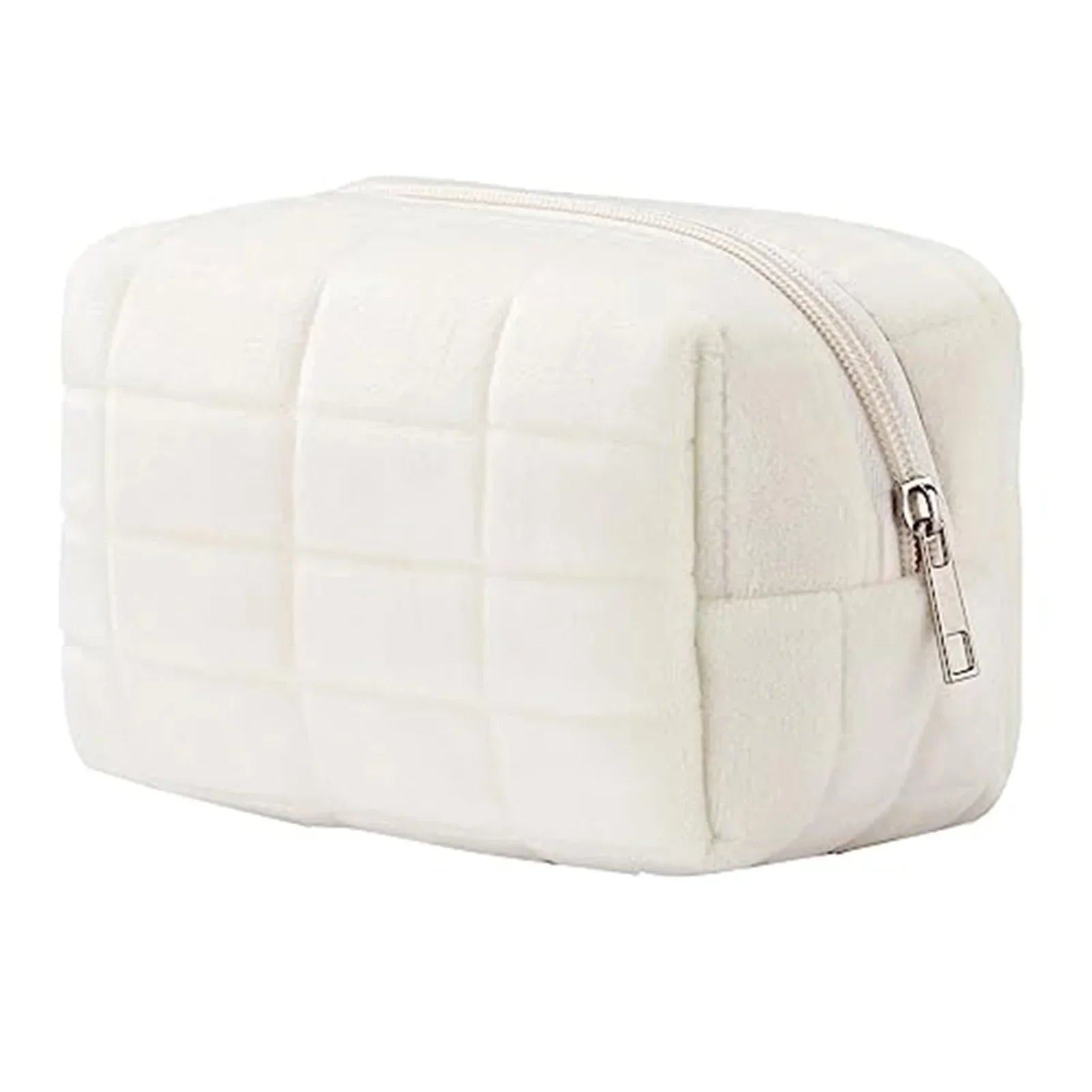 Astuccio cosmetico bianco in tessuto morbido con cerniera, design a quadri. Ideale per trucco, accessori viaggio, organizer borsa.