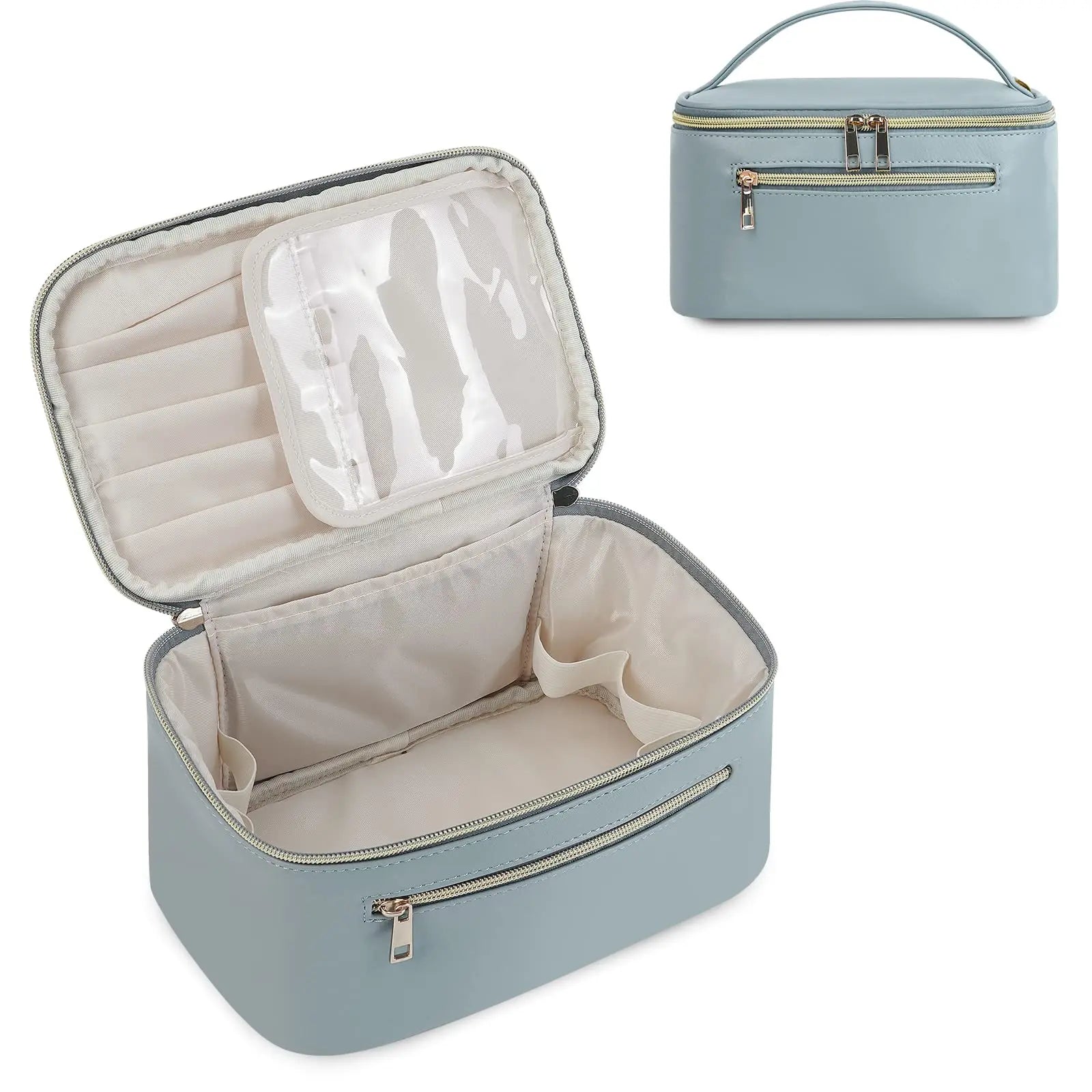 Astuccio cosmetico da viaggio blu, con scomparti interni e tasca trasparente. Design elegante, ideale per organizzare trucchi e accessori.
