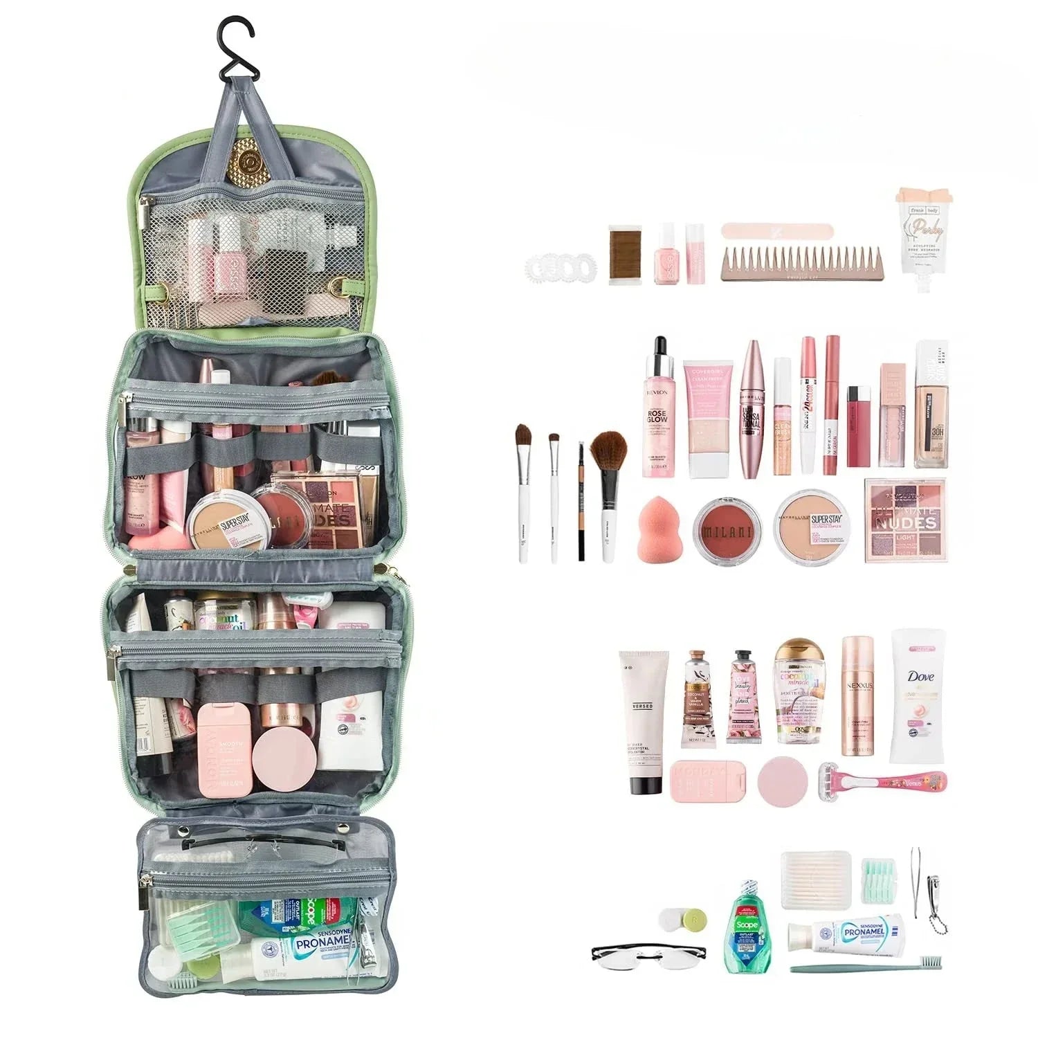 Organizer da viaggio appeso con scomparti trasparenti, contenente cosmetici e articoli da toeletta. Include trucchi, spazzolino, dentifricio.
