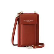 Custodia per cellulare in pelle marrone con tracolla regolabile, tasca frontale e chiusura a bottone. Accessorio moda elegante e funzionale.