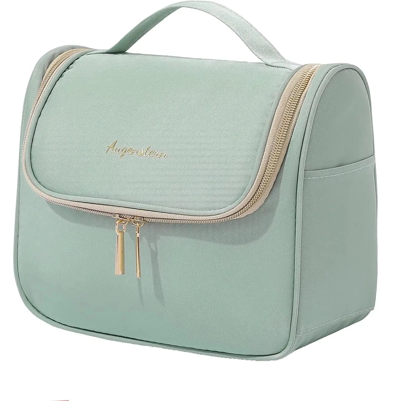 Borsa da toilette verde menta con cerniera dorata, manico superiore e tasche laterali. Design elegante e funzionale per viaggi e organizzazione.