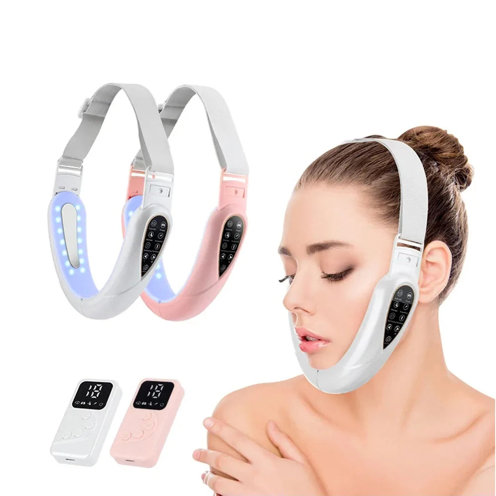 Dispositivo di sollevamento del viso con LED, fascia regolabile, telecomando, per tonificazione e rassodamento della pelle, colori rosa e blu.