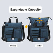 Borsa a tracolla espandibile blu con capacità aumentata di 10 cm, tasche multiple, design moderno, ideale per viaggi e uso quotidiano.
