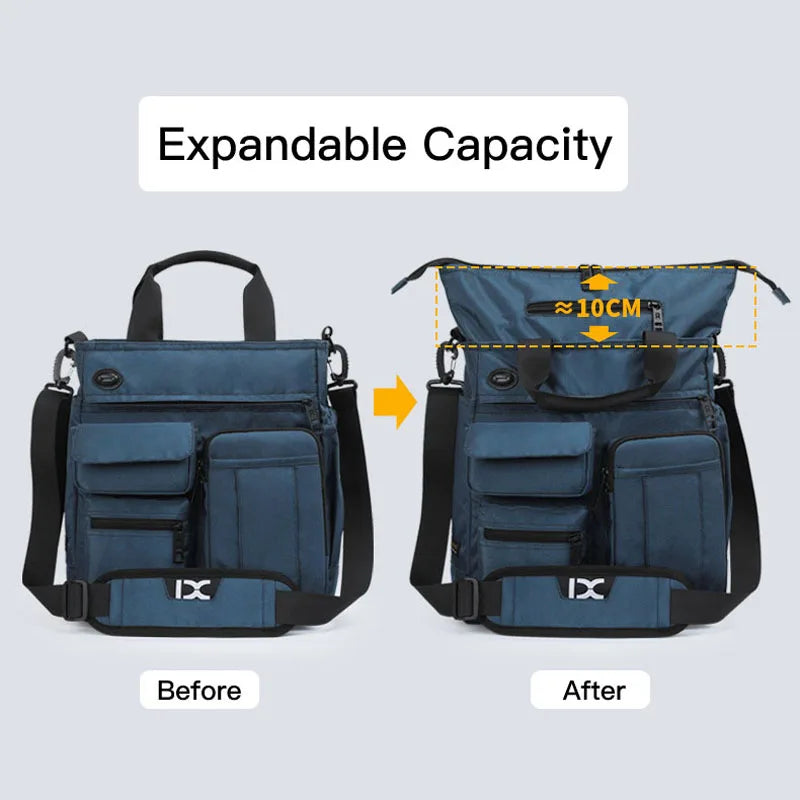 Borsa a tracolla espandibile blu con capacità aumentata di 10 cm, tasche multiple, design moderno, ideale per viaggi e uso quotidiano.