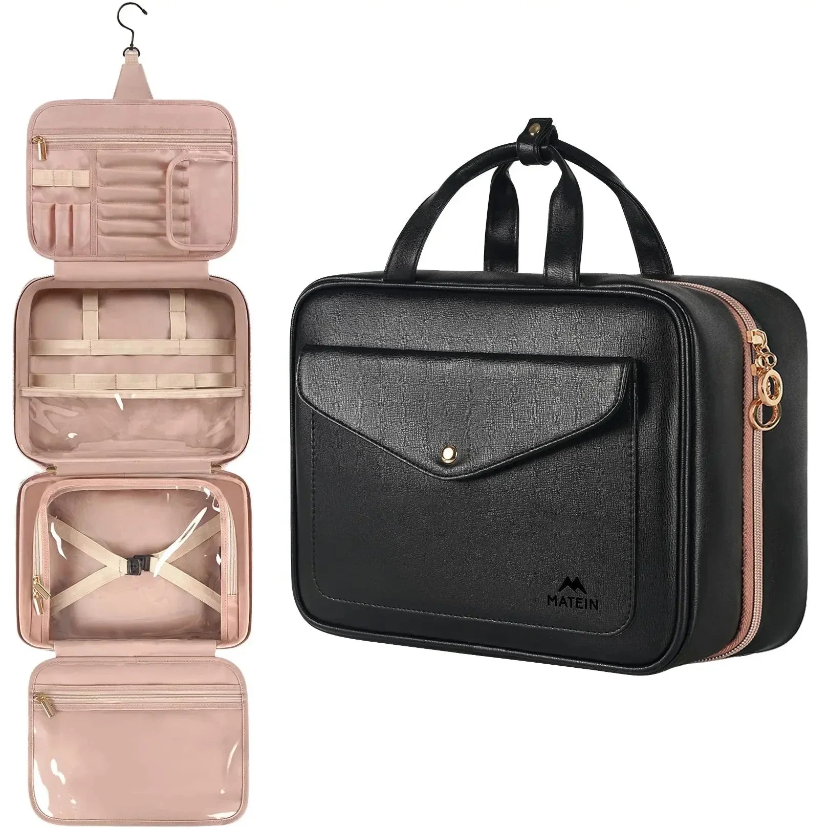 Borsa da viaggio nera Matein con gancio, scomparti multipli, tasche trasparenti e cerniere dorate. Ideale per organizzare accessori e cosmetici.