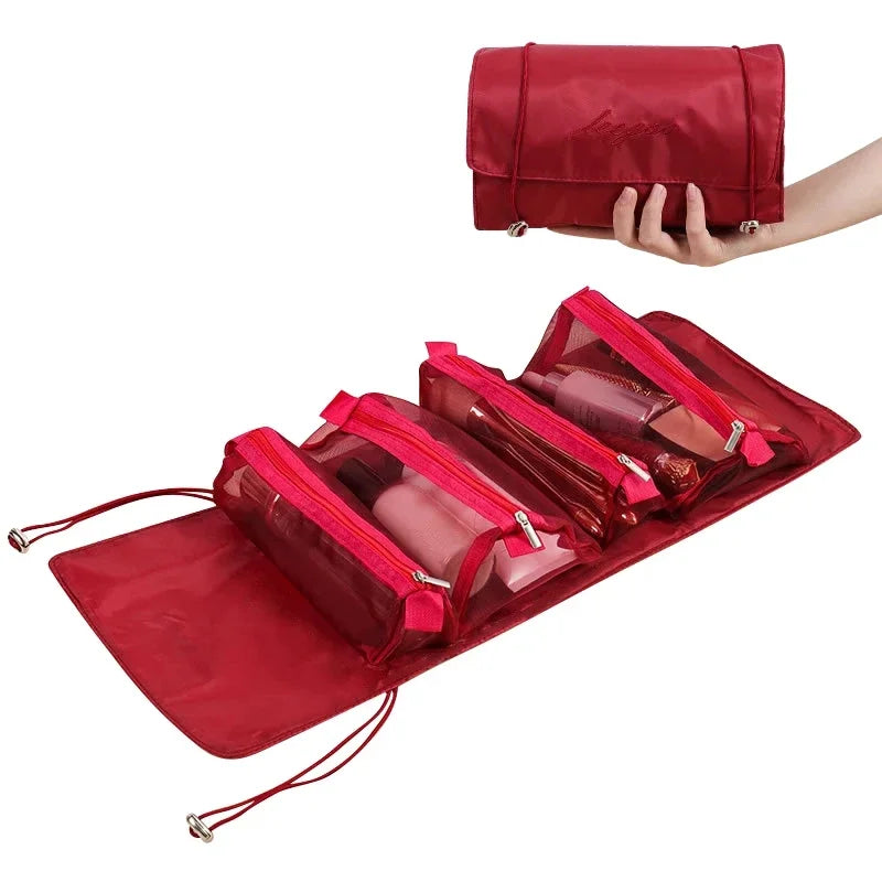 Borsa da viaggio arrotolabile rossa con scomparti trasparenti, ideale per cosmetici e accessori. Design compatto e portatile per organizzazione efficiente.