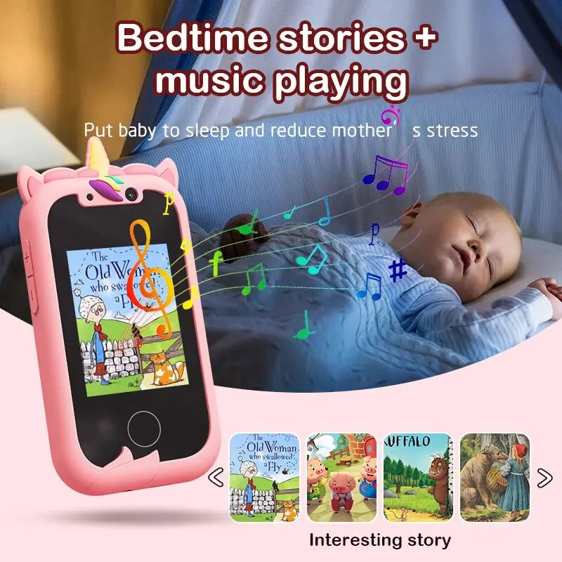 Telefono giocattolo rosa a forma di unicorno con suoni musicali e storie della buonanotte, bambino che dorme, ideale per ridurre lo stress dei genitori.