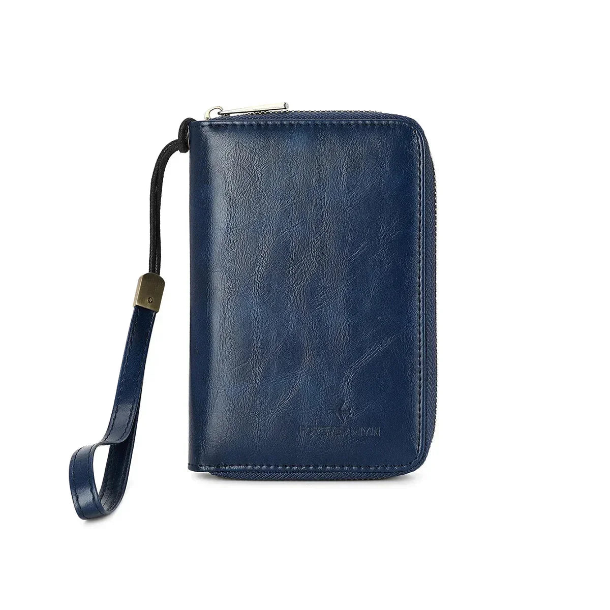 Portafoglio uomo in pelle blu con cerniera e cinturino da polso, design elegante e funzionale, accessorio moda maschile di alta qualità.