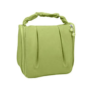 Borsa cosmetica verde chiaro con manico intrecciato, chiusura a zip e decorazione con perle. Ideale per viaggi e organizzazione trucco.