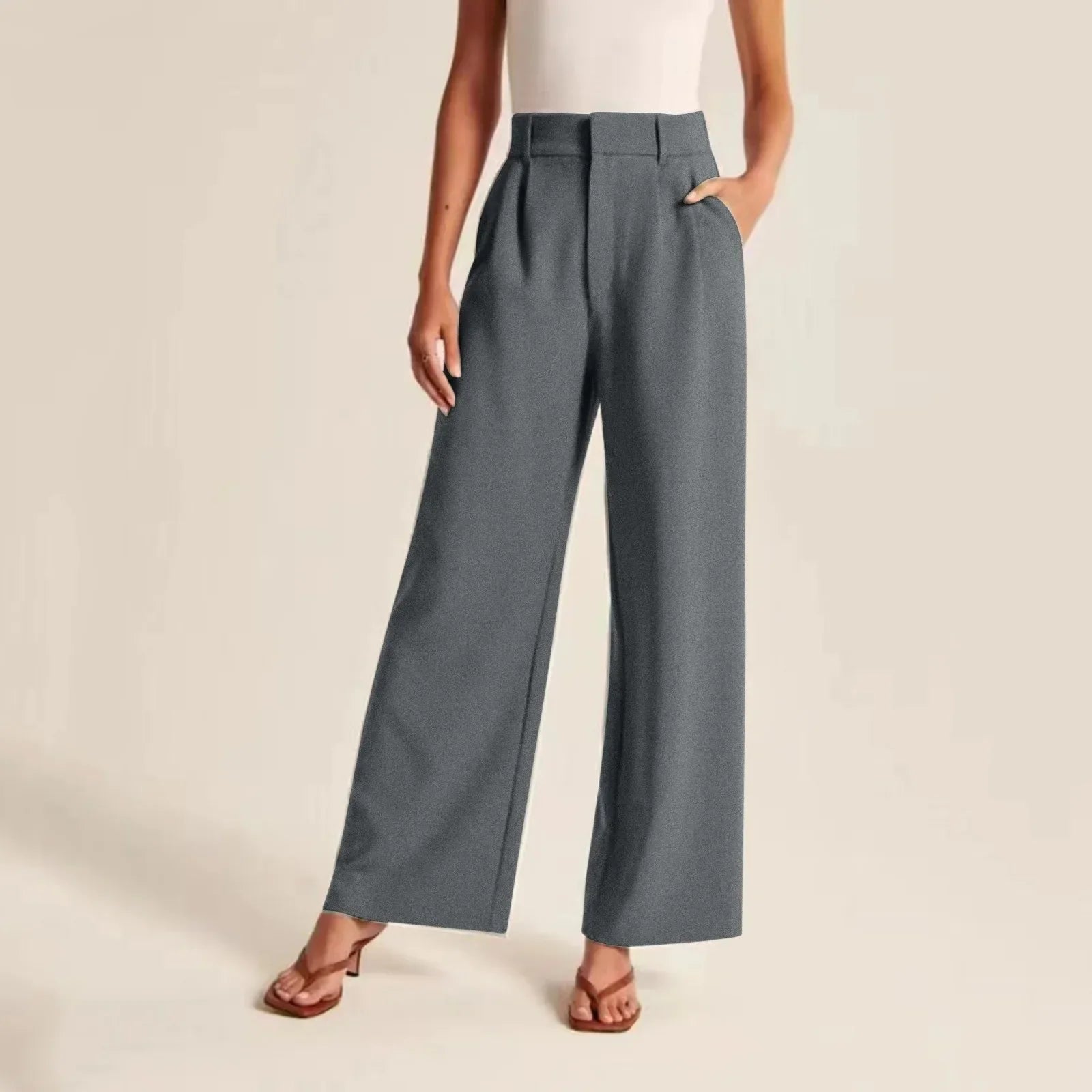  Pantaloni a gamba larga femminile - alta vita su misura - sensazione di lino - piega intera-2