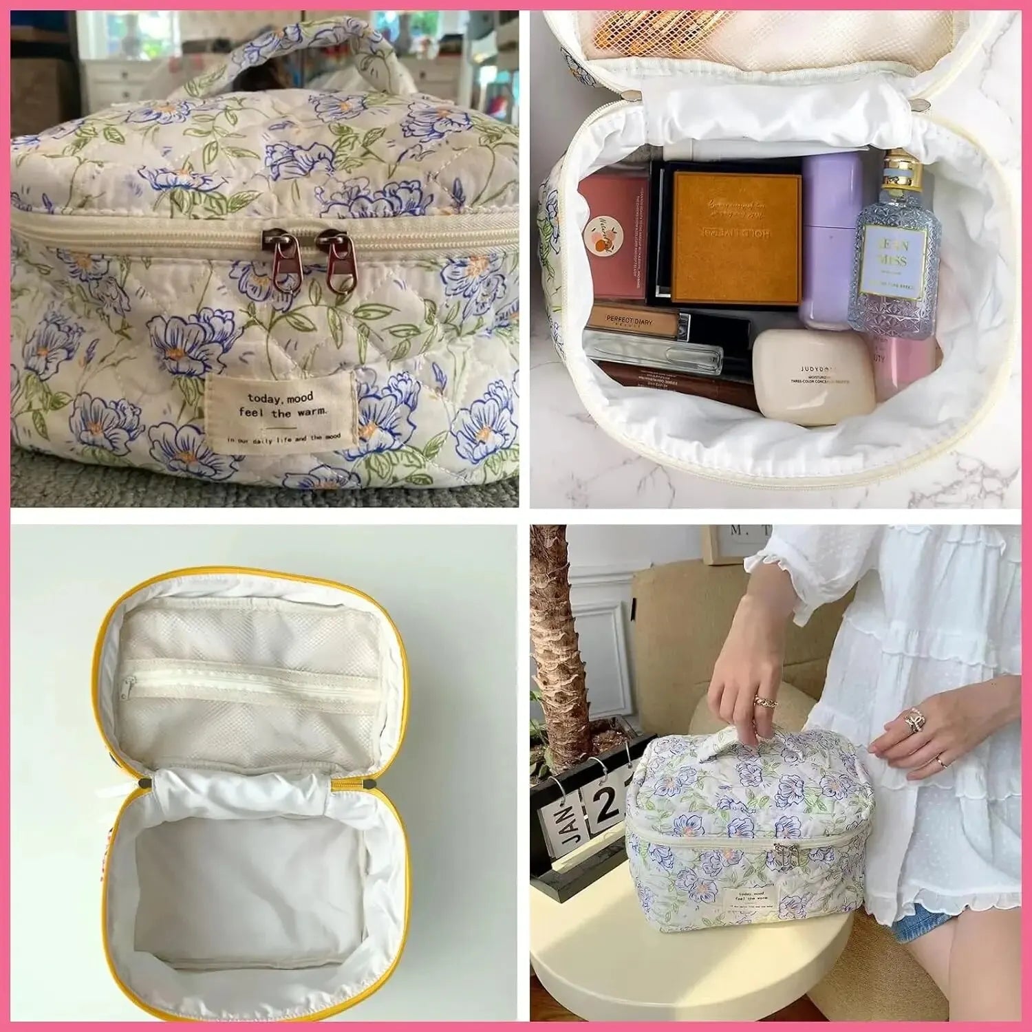 Borsa cosmetica floreale con cerniera, tasche interne, contenente trucchi e profumi. Design compatto, ideale per viaggi e organizzazione beauty.