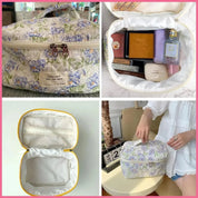 Borsa cosmetica floreale con cerniera, tasche interne, contenente trucchi e profumi. Design compatto, ideale per viaggi e organizzazione beauty.