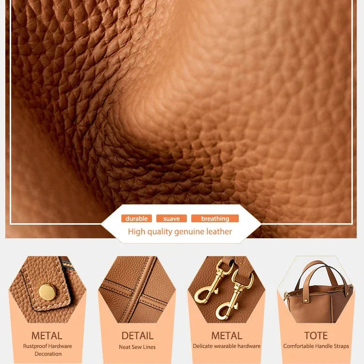 Borsa in pelle marrone di alta qualità, dettagli in metallo antiruggine, cuciture precise, hardware resistente, manici comodi.