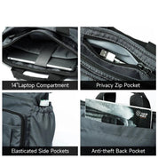 Zaino grigio multifunzione con scomparto per laptop 14", tasca con zip, tasche laterali elastiche e tasca posteriore antifurto. Perfetto per viaggi e lavoro.
