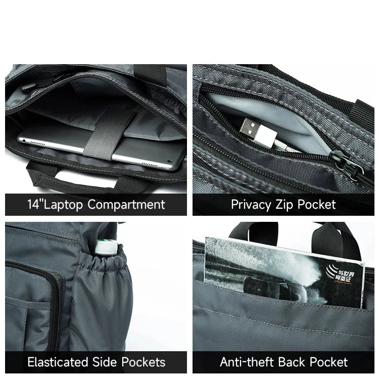 Zaino grigio multifunzione con scomparto per laptop 14", tasca con zip, tasche laterali elastiche e tasca posteriore antifurto. Perfetto per viaggi e lavoro.