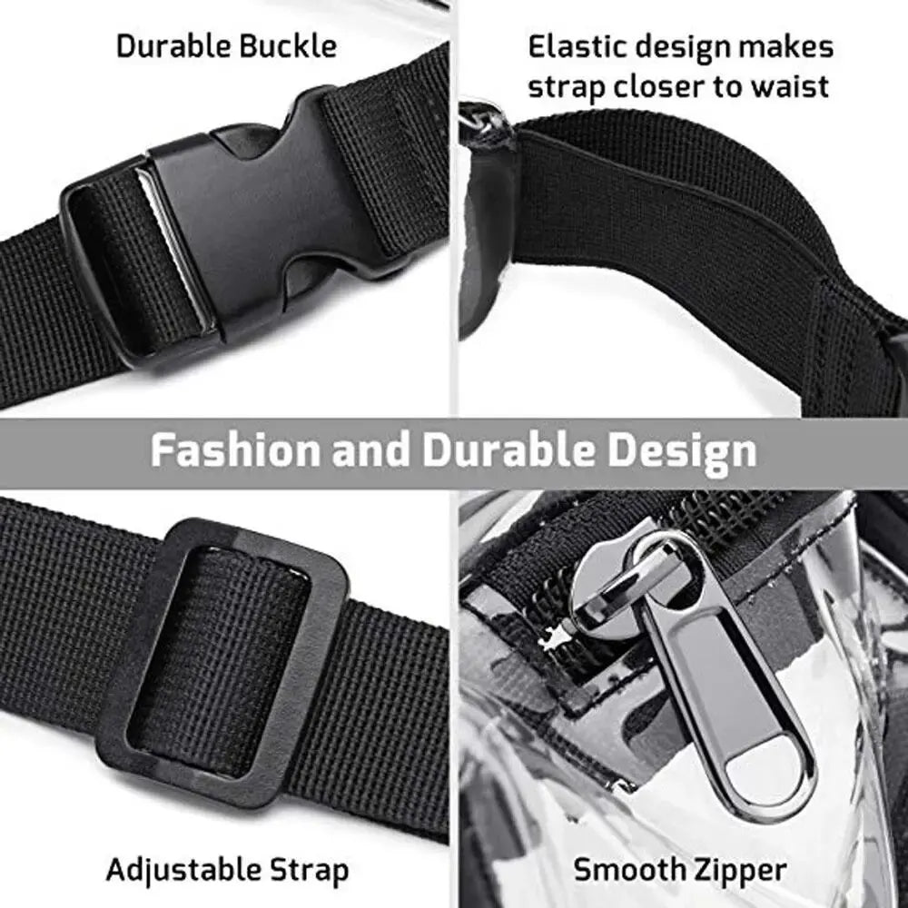 Cintura regolabile con fibbia resistente, design elastico per aderenza, cerniera liscia. Marsupio trasparente, moda e durata.
